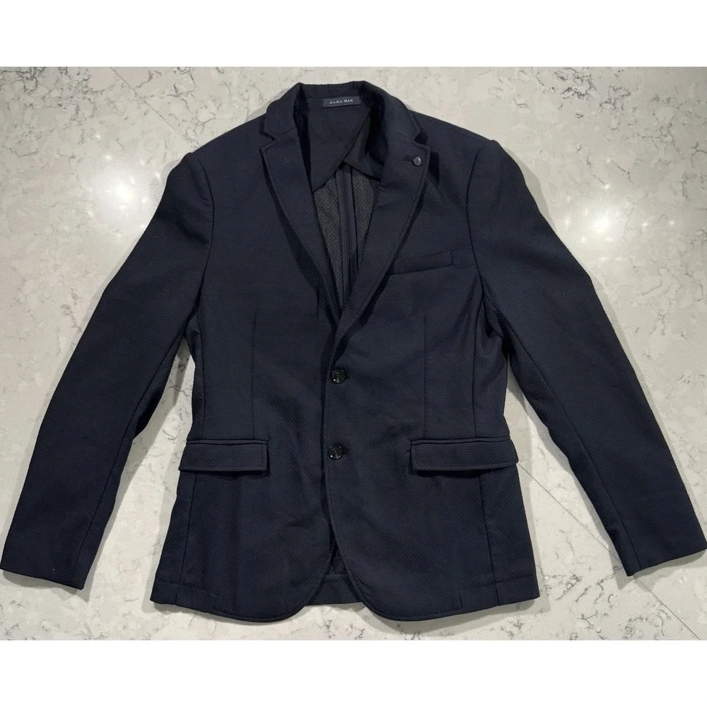 Zara Blazer Jacket Mens 42 Navy Blue Business Casual Quiet Luxury Sport Coat